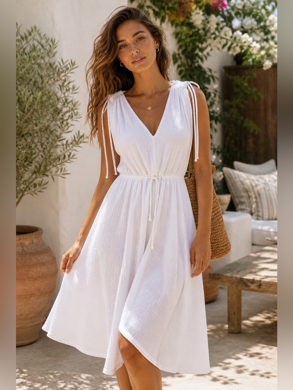 H&M White Gauze Tie Shoulder Midi Dress Size M EUC Summer Boho